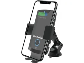 TechniSat Smartcharge 2 Nabíjací držiak telefónu do auta čierna / 65-100 mm / do mriežky / na sklo / Qi / USB-C / 10W (V058H)