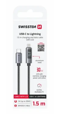 Swissten Kábel USB-C na Lightning s LCD displejom 1.5m čierna / 30W / Lightning (M) / USB-C (M) (71551076)