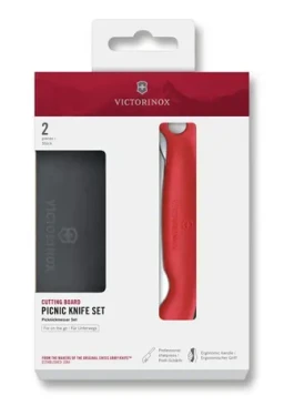 VICTORINOX Swiss Classic Skladací nôž a doska set 2 ks červená / vrúbkované ostrie / dĺžka čepele 11 cm (6.7191.FC1)