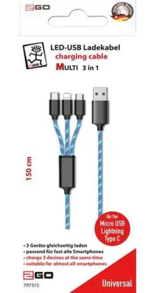 2GO USB-A 3in1 LED čierna, modrá / Nabíjací kábel / Micro-USB / Lightning / USB-C / 1,5 m / 3 A (797315)
