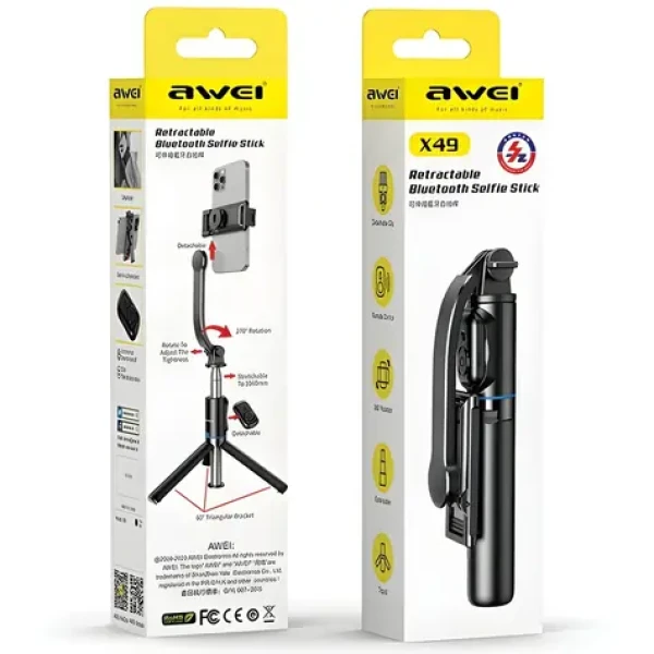 AWEI X49 čierna / Selfie tyč so statívom / Bluetooth spúšť / 106 cm (X49)