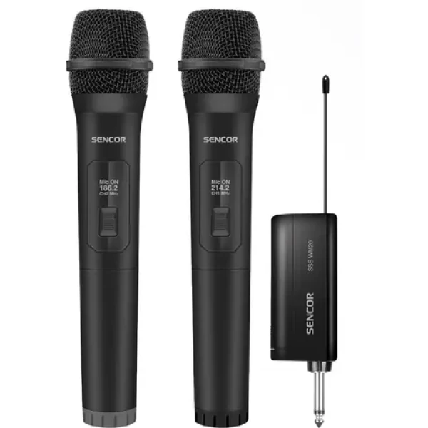 Sencor SSS WM20 / Dva bezdrôtové mikrofóny s prijímačom / dosah až 20m / doba prevádzky až 3 hodiny / 2x AA/LR6 (8590669377817)
