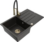 MEXEN/S MEXEN/S - Bruno granitový drez s odkvapkávačom vrátane batérie Aster, čierna/zlatá metalik 6513-75-73450-57-G