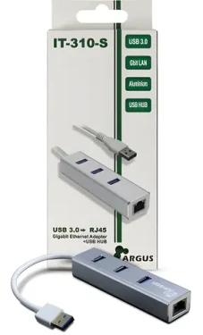 Inter-tech Argus IT-310-S / Ethernetový adaptér / Gigabit / USB 3.2 Gen 1 / 3x USB hub / hliník (88885471)