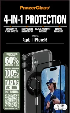 PanzerGlass Bundle Hoops pre iPhone 16 / Ochranná sada / Tvrdené sklo UWF + Hard Case + Magnetic Ring Mount