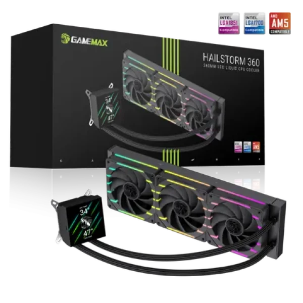 Gamemax Hailstorm 360 LCD čierna / Vodné chladenie CPU / 360 mm / 3x 120mm / LCD displej (HAILSTORM 360 LCD BK)