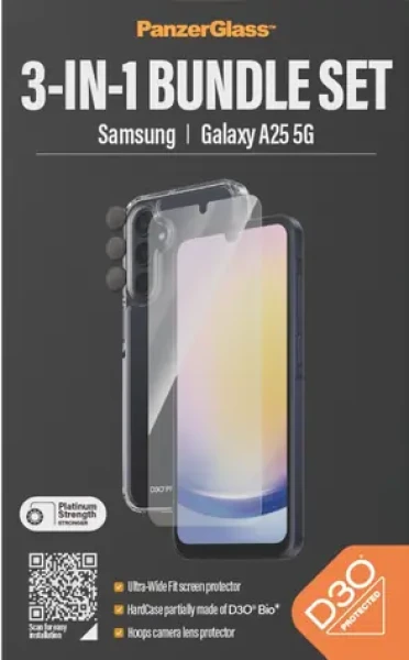 PanzerGlass Bundle Hoops + Tvrdené sklo UWF + Hard Case D3O / Ochranná sada pre Samsung Galaxy A25 5G / Transparentná (B0466+7335)