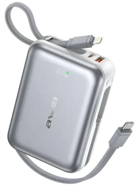 Awei C03 strieborná / Powerbanka / 20000 mAh / káble Lightning a USB-C v tele / 45W (C03)