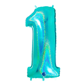 Nafúknuteľný balón číslo 1 tyrkys holografický 102 cm - Grabo - Grabo