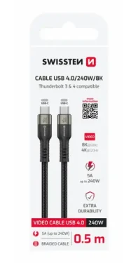 Swissten USB 4.0 dátový/video kábel 240W 0.5m čierna / 8K @ 60Hz / 2x USB-C (4.0) (72501203)