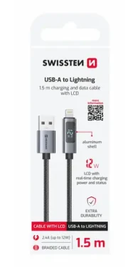 Swissten Kábel USB-A na Lightning s LCD displejom 1.5m čierna / 12W / USB-A (M) / Lightning (71551070)