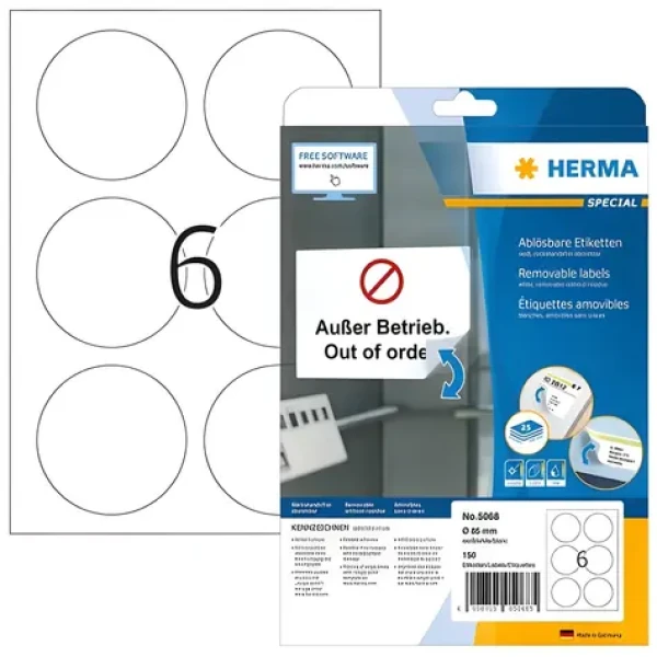Herma Etikety okrúhle biele 85 mm / Etikety / papier, snímateľné, s ohraničením / 25 listov / 150 ks (5068)