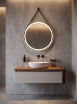 AQUALINE - STAGO guľaté zrkadlo s LED osvetlením priemer 60cm, kožený popruh, dotykový senzor, stmievateľné, čierna mat SG060