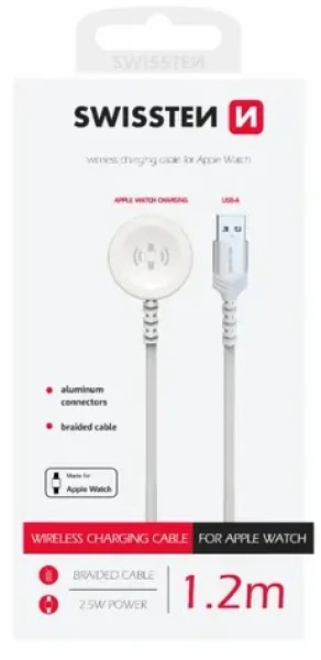 Swissten Kovový magnetický kábel pre Apple Watch USB-A 1.2m biela / 2.5W / 2A (22065501)
