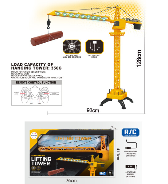 Mamido Mamido Žeriav na diaľkové ovládanie 128 cm so svetlami, Otočné rameno 360°