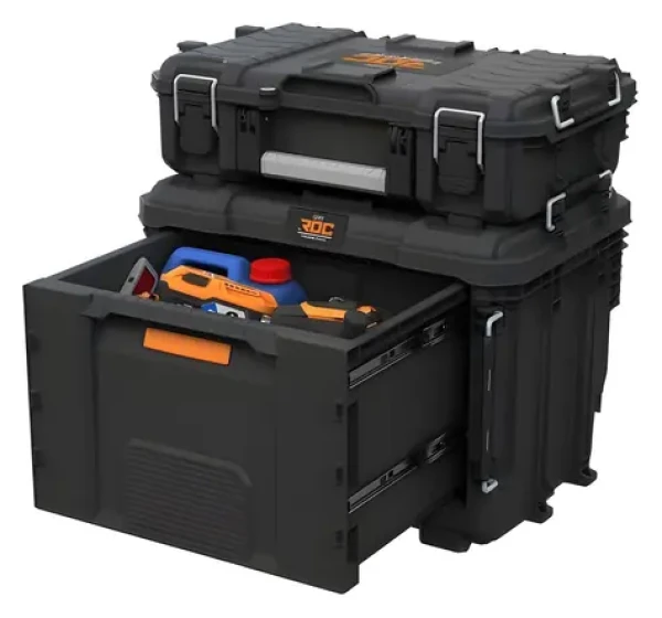 Keter ROC Pro Gear 2.0 XL grafitová / Box na náradie so zásuvkou / 26 l / 56,5 x 37,5 x 41,3 cm (271384)
