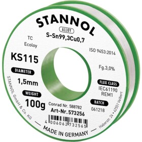 Stannol KS115 spájkovací cín bez olova cievka Sn99,3Cu0,7 ROM1 100 g 1.5 mm; 574023