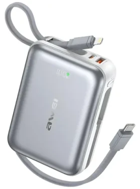 Awei C03 strieborná / Powerbanka / 20000 mAh / káble Lightning a USB-C v tele / 45W (C03)