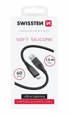 Swissten SOFT SILICONE dátový kábel USB-A - Lightning 1.5m čierna / 60W / 3A / 1x USB-A(M) / 1x Lightning(M) (71533010)