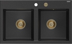 MEXEN/S MEXEN/S - Hektor granitový drez 2-bowl 800 x 480 mm, čierna/strieborná metalík, zlatý sifón 6521802000-73-G