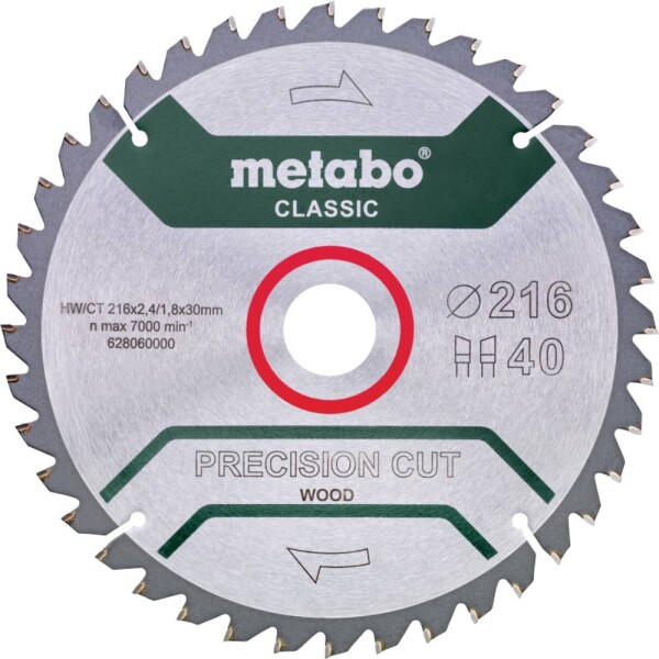 Pílový kotúč Precision Cut Classic Metabo 628060000 Priemer: 216 mm Počet zubov (na palec): 40 Hrúbka:1.8 mm; 628060000