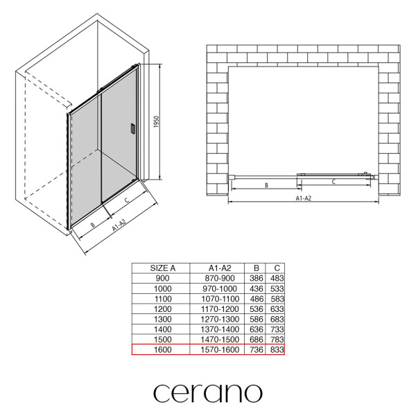 CERANO - Sprchové posuvné dvere Varone LINE Ľ/P - 6 mm - čierna matná, grafitové sklo - 160x195 CER-8050BD7552