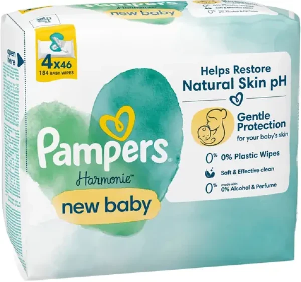 Pampers Harmónia New Baby Plastic Free Vlhčené obrúsky 184 ks (4 x 46 ks) (8006540815762)