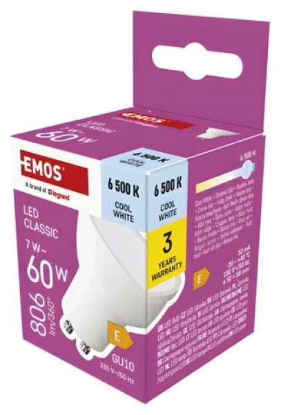 Emos LED žiarovka MR16 7W-60W GU10 / studená biela / 806 lm / Classic E (1525730112)