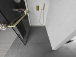 MEXEN/S - Kioto+ Sprchová zástena s poličkou WALK-IN 100 x 200, čierna vzor, zlatá kartáčovaná 800-100-121-55-70