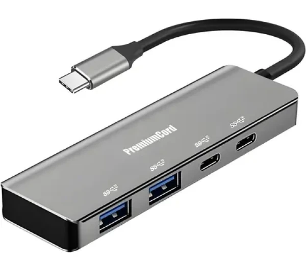 PremiumCord USB-C hub 4- Port hliníkový space grey / USB hub / 2x USB-C / 2x USB-A / USB 3.2 Gen 1 5 Gbps (ku31hub11)
