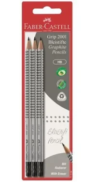 Faber-Castell Grip 2001 strieborná / Grafitová ceruzka / HB / trojhranná / s gumou / 3 ks (117298)