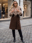 Dámsky kabát s odnímateľným kožušinovým golierom, hnedý, FashionStreet TY6073 L
