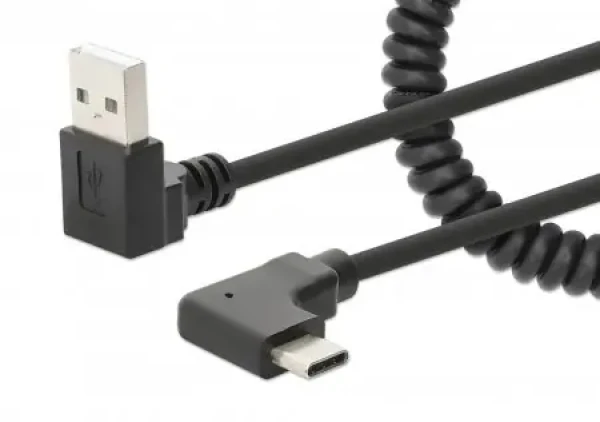 Manhattan Špirálový nabíjací kábel USB-A na USB-C čierna / Kábel / 1 m / zalomené konektory 90 ° / max. 3 A (356220)