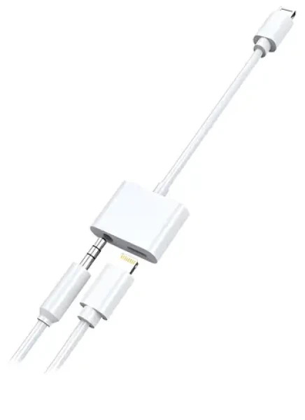 2GO biela / Audio nabíjací adaptér / Lightning na 3,5 mm + Lightning / kábel 10cm (797239)