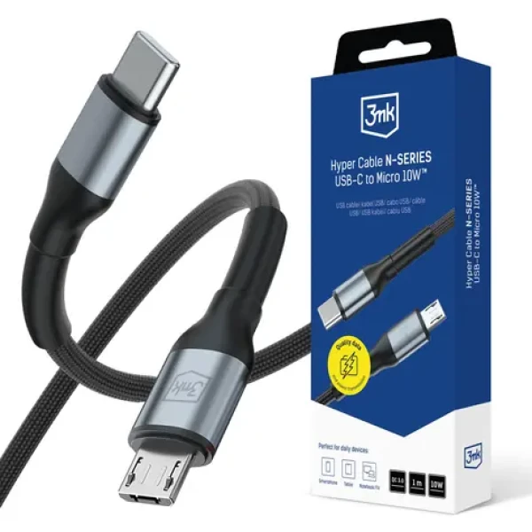 3mk Hyper kábel N-SERIES USB-C na Micro 1m 5V/2A 10W čierna / Dátový kábel / QC 3.0 / nylonový oplet (5903108739214)