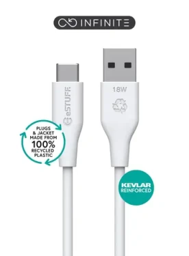 ESTUFF INFINITE (GRS) biela / Kábel / USB-C - USB-A / 1 m / 60 W / GRS recyklovaný plast (ES605170)