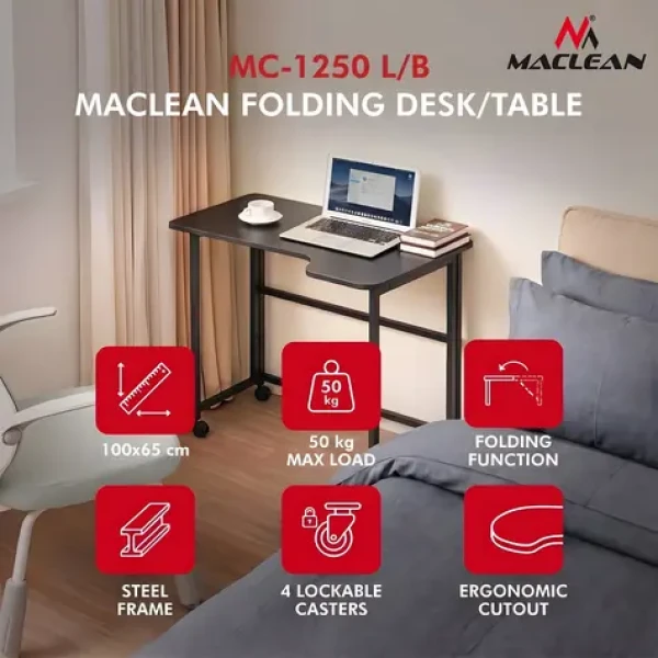 Maclean MC-1250 L/B čierna / Skladací stôl / mobilný / 100x65 cm / rohový, L-tvar / nosnosť 50 kg (MC-1250 L/B)