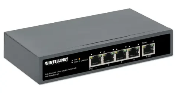 Intellinet Switch 5- Port Gigabit High PoE / 4X PoE 802.3bt / 65W / PD uplink / montáž na stenu (561808)
