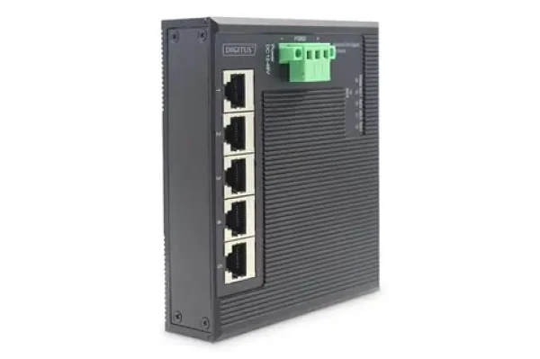 Digitus průmyslový plochý switch 5x Gigabit černá / Switch / Unmanaged / DIN lišta / IP40 (DN-651126)