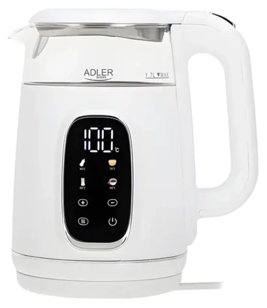 Adler AD 1305 bielo-strieborná / Rýchlovarná kanvica / 2200 W / 1,7 L / regulácia teploty 40-100 °C / udržanie teploty (AD 1305ws)