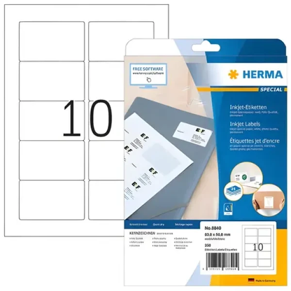 Herma Etikety pre atramentové tlačiarne 83,8x50,8 mm / Etikety / A4 / biele / 250 ks (8840)