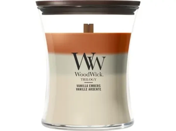 Woodwick Trilogy Vanilla Embers sviečka stredná (5038581185682)