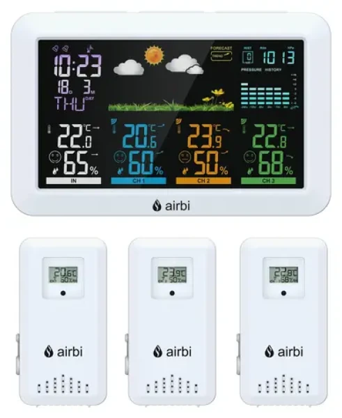 Airbi HOME / Meteostanica / 3 bezdrôtové čidlá / farebný displej / DCF čas