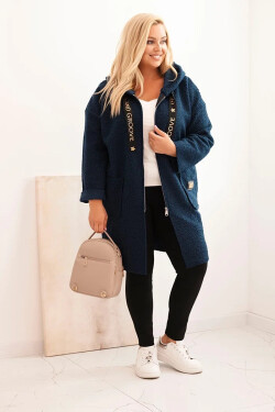 Dámske Plus veľkosť Faux Shearling kabát s kapucňou a vreckami Blue UNI