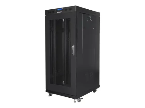 Lanberg Rack 27U čierna / Stojanový rozvádzač / 19" / 600x800 mm / Flat pack / Perforované dvere / LCD (FF01-6827-23BL)