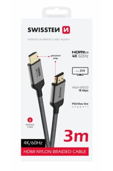 Swissten Kábel HDMI 2.0 (M) - HDMI 2.0 (M) 3M čierna / 18 Gbps / 4K / 60Hz / pozlátené kontakty (75501103)