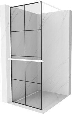 MEXEN/S - Kioto+ Sprchová zástena WALK-IN s poličkou a držiakom uterákov 70 x 200, čierny vzor, biela 800-070-121-20-77