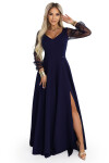640-3 LORETTA jedinečné dlhé šaty s tylovými rukávmi a výstrihom - tmavomodré XXL
