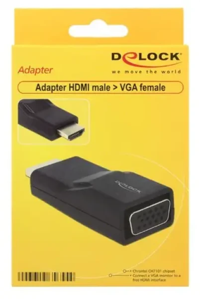 DeLock HDMI A - VGA (D-Sub15) čierna / Adaptér / HDMI (M) - VGA (F) / max. 1920×1200 / bezskrutkový (65655)