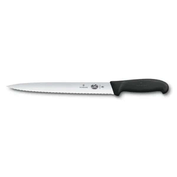 VICTORINOX Fibrox čierna, zúbkovaná špicatá čepeľ / Plátkovací nôž / 25 cm / nerezová oceľ (5.4433.25)